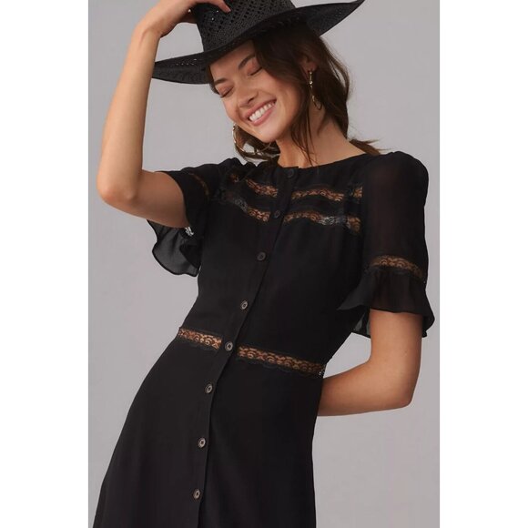 NWT NWT Reformation Woodson in Black Lace Trim Midi Button Down Shirt Dress 12 - Picture 8 of 10